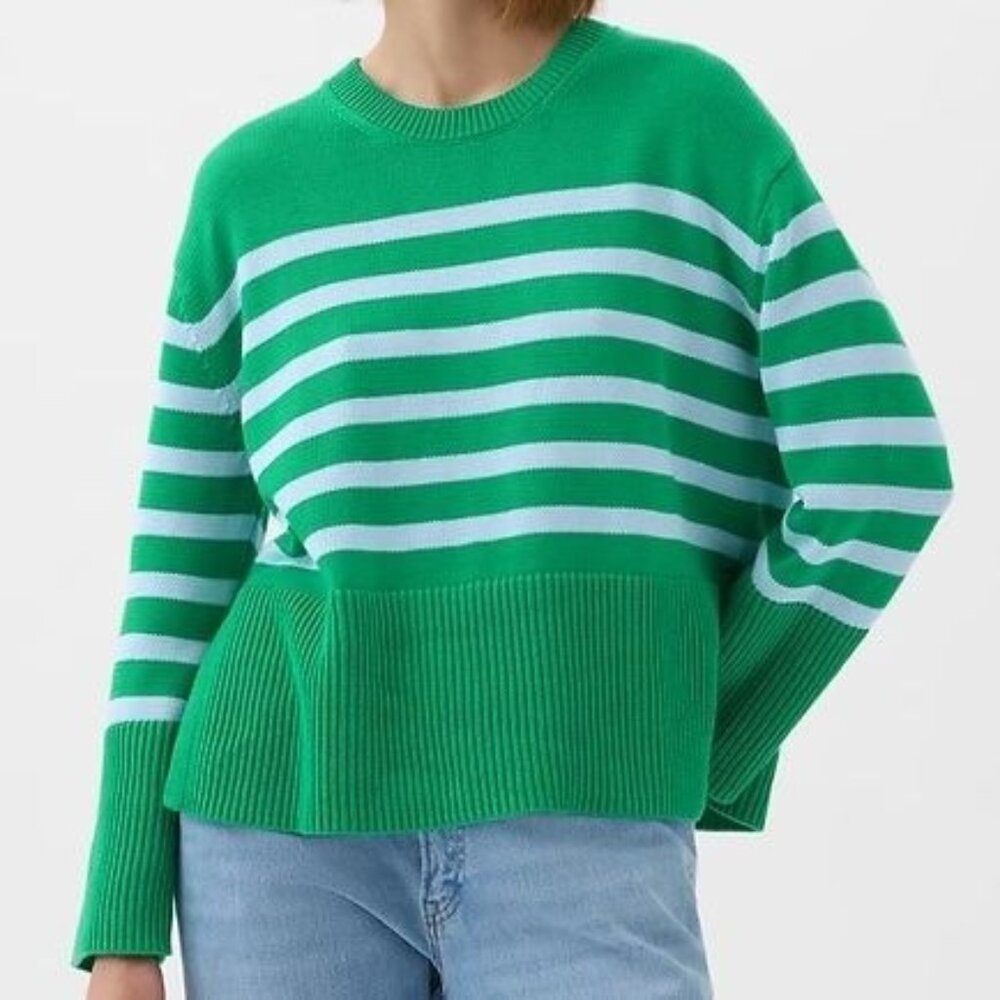 GAP Green and White Striped Crewneck Sweater